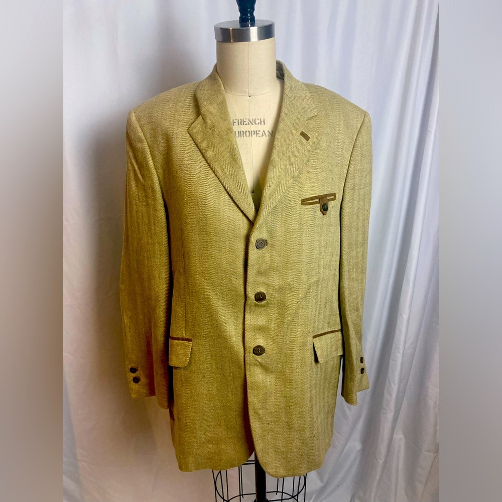 NWT Holland & Holland UK beige herringbone linen suit jacket with silk lining